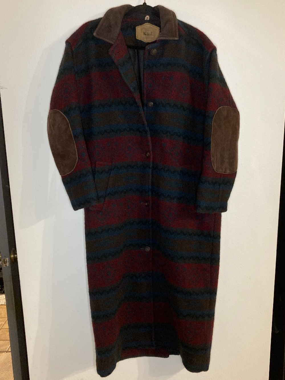 vintage woolrich suede collar elbow patch striped wool long coat